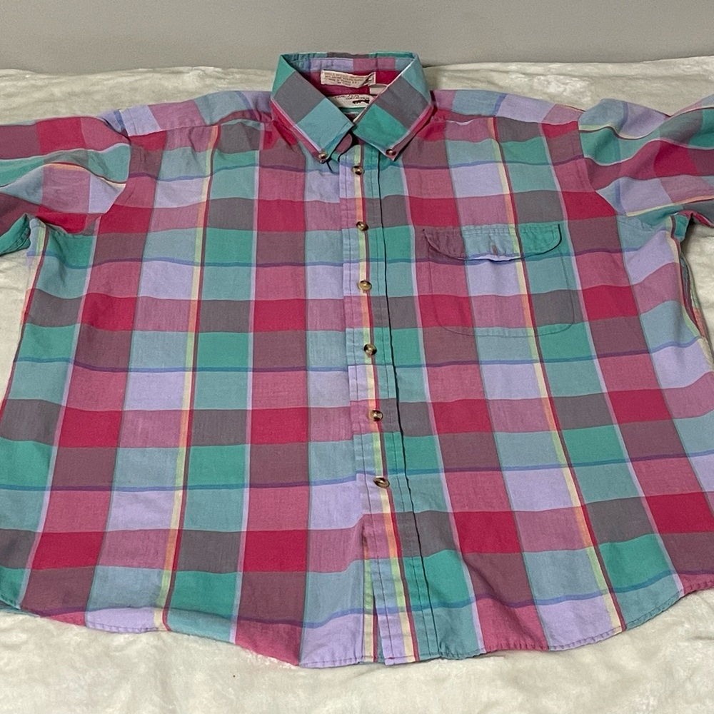 Vtg The Fox Collection Single Needle Preppy Plaid Button Down Large Shirt 90's